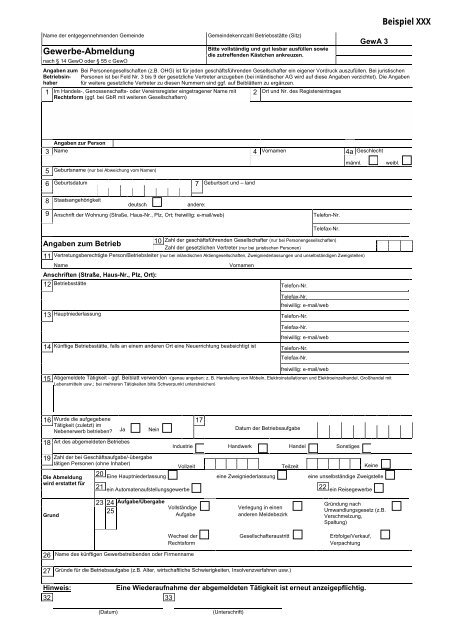 Gewerbe abmelden formular