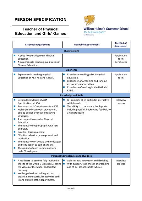 PERSON SPECIFICATION Teacher of Physical Education ... - Eteach