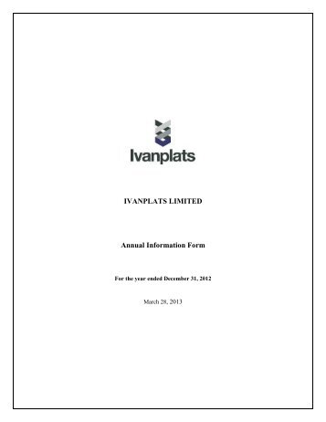 IVANPLATS LIMITED Annual Information Form - Ivanhoe Mines