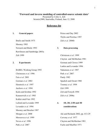 Forward and inverse modeling reference list by Colin Zelt