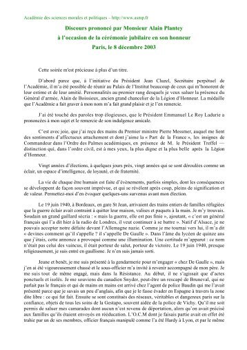 Discours prononcÃ© par Monsieur Alain Plantey Ã  l'occasion de la ...