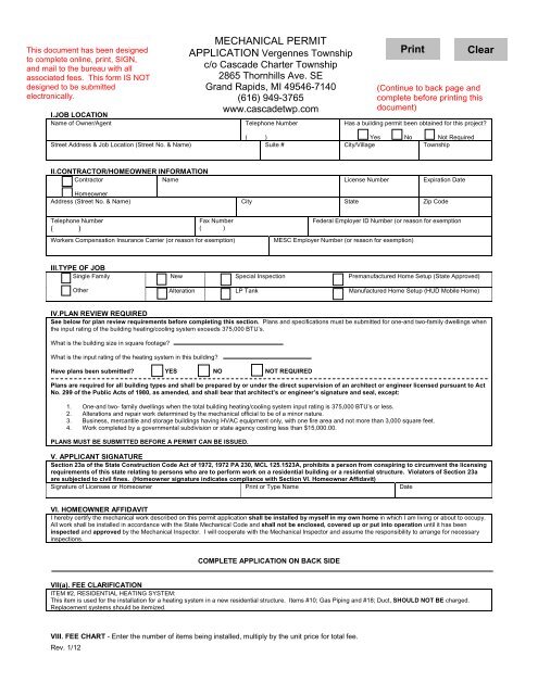 MECHANICAL PERMIT APPLICATION - Vergennes Township