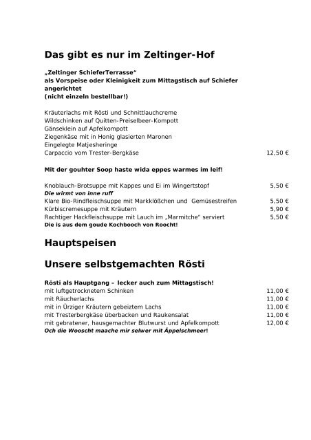 Speisekarte - Zeltinger Hof