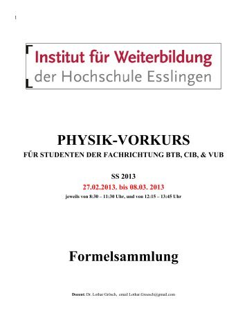 PHYSIK-VORKURS Formelsammlung