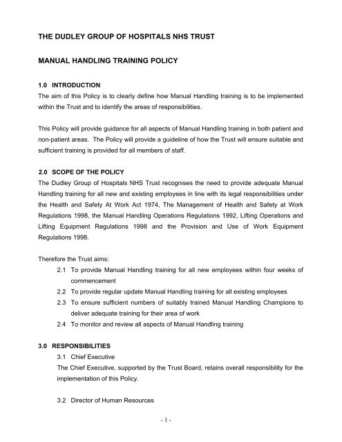 the dudley group of hospitals nhs trust manual handling training policy