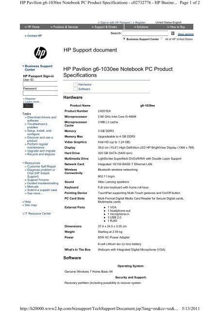 HP Support document HP Pavilion g6-1030ee Notebook ... - Microcity
