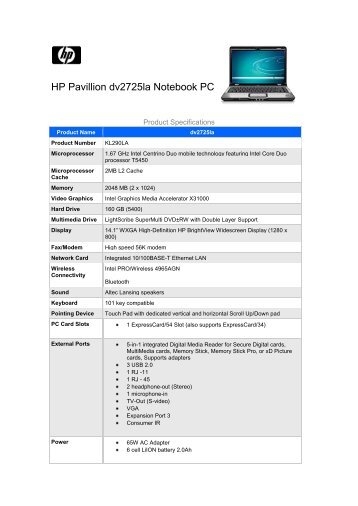 HP Pavillion dv2725la Notebook PC - Datasum