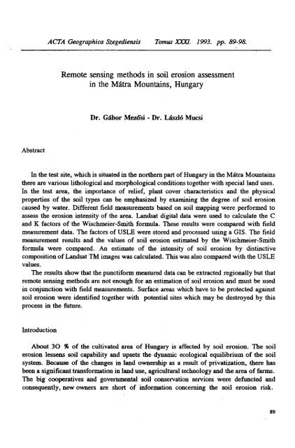 Remote sensing methods in soil erosion assessment in the MÃ¡tra ...