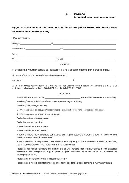 MODULO A - Sito ufficiale Comune di Treviglio