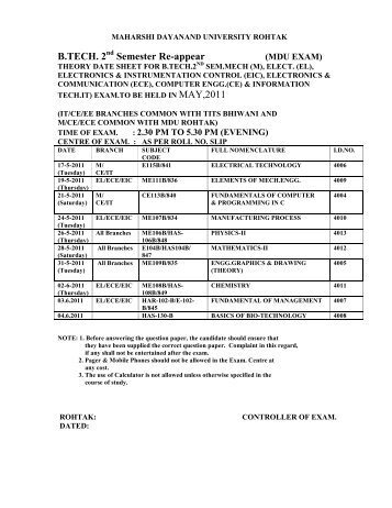 Date Sheet of B.Tech Re-Appear Exam - MDU, Rohtak