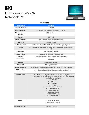 HP Pavilion dv2927la Notebook PC - Datasum