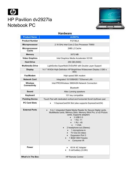 HP Pavilion dv2927la Notebook PC - Datasum