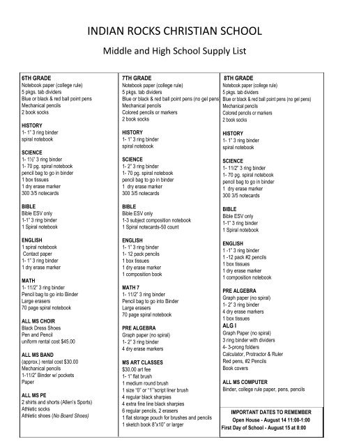 Ms Hs Back To School Supply List Indian Rocks Christian School Ms Hs Back To School Supply List Indian Rocks Christian School