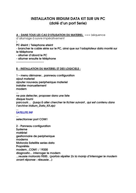 INSTALLATION IRIDIUM DATA KIT SUR UN PC (dotÃ© d'un port Serie)