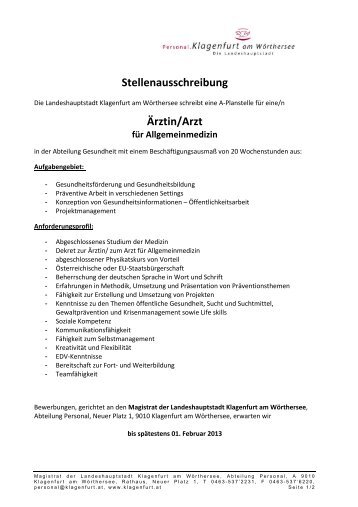 Stellenausschreibung Ãrztin/Arzt - Klagenfurt