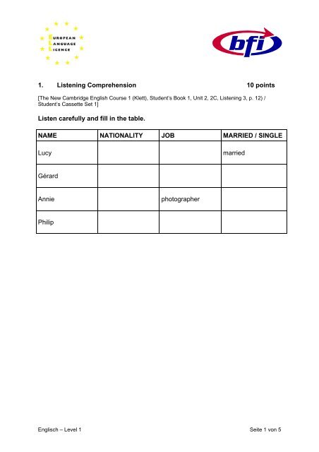 Beispieltest Englisch, Level 1 - Bfi