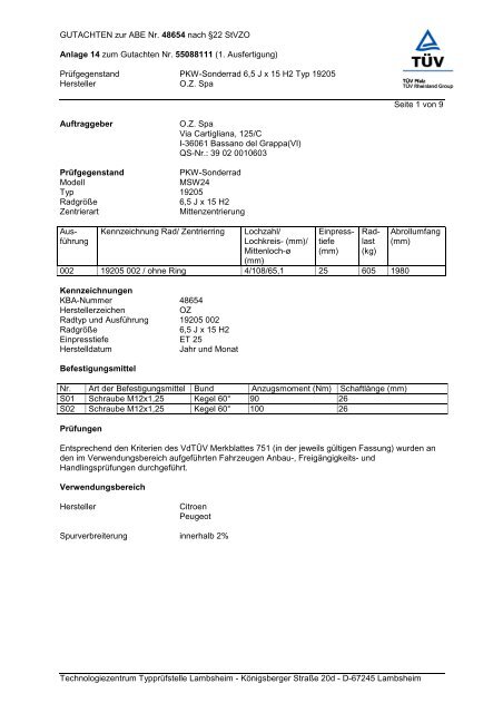 GUTACHTEN zur ABE Nr. 48654 nach Â§22 StVZO Anlage 14 zum ...