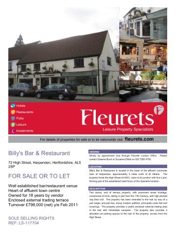 Billy's Bar & Restaurant FOR SALE OR TO LET - RPAS