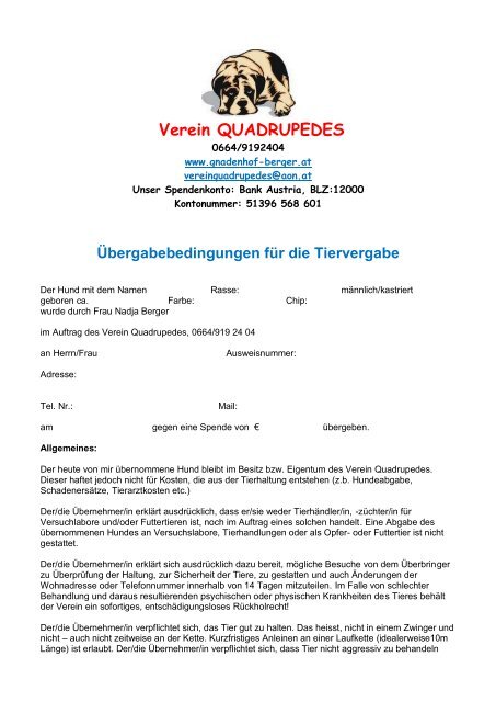 Schutzvertrag Zum Durchlesen Verein Quadrupedes