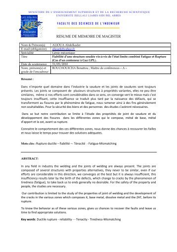 resume de memoire de magister - Université de Sidi-Bel-Abbes