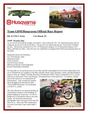 Team GDM/Husqvarna Official Race Report - OffroadChampions.com