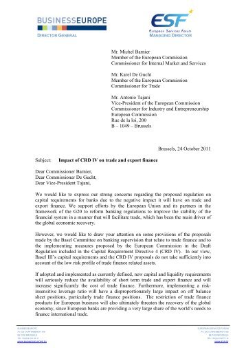 ESF and BUSINESSEUROPE joint letter on negative impact of CRD ...