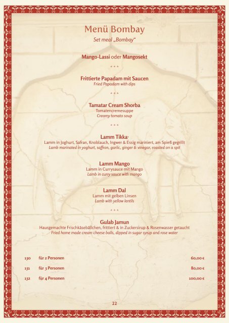 Menü Bombay Set meal