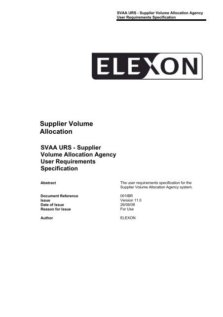 Supplier Volume Allocation SVAA URS - Elexon