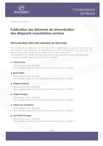 RÃ©munÃ©rations des dirigeants mandataires sociaux (pdf ... - Eurazeo