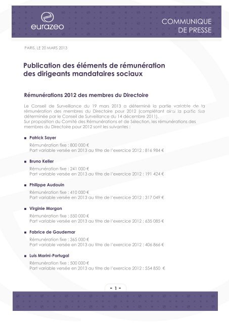 RÃ©munÃ©rations des dirigeants mandataires sociaux (pdf ... - Eurazeo