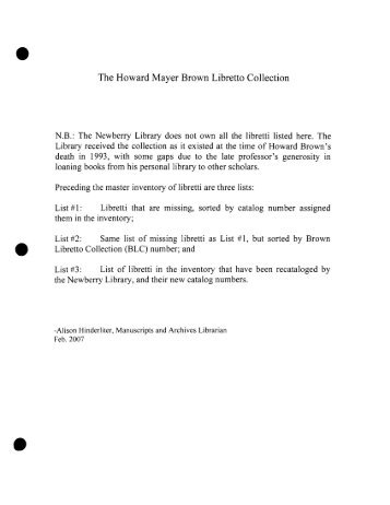 The Howard Mayer Brown Libretto Collection - Newberry Library