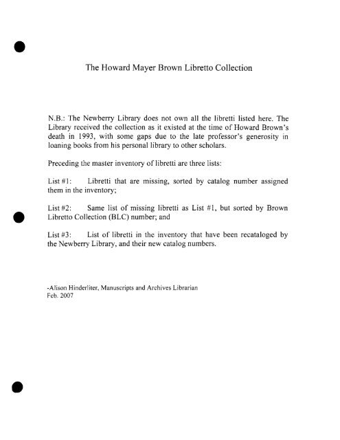The Howard Mayer Brown Libretto Collection - Newberry Library