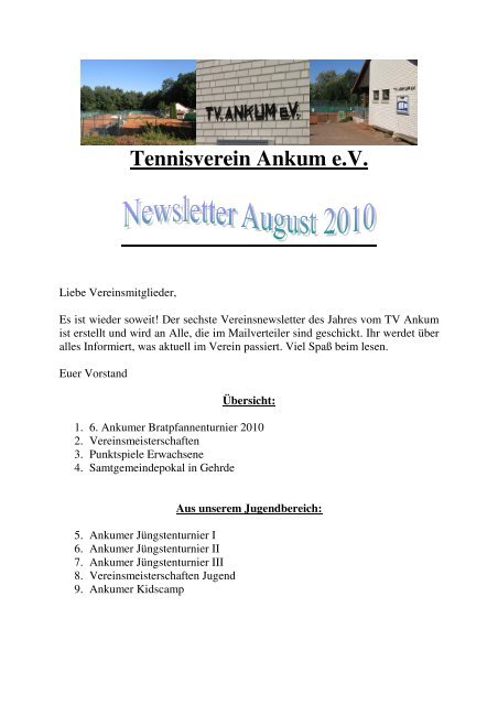 Vereinsnewsletter August 2010 - Tennisverein Ankum e.V.