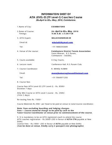 INFORMATION SHEET OF AITA LEVEL-III (ITF Level-I) Coaches ...