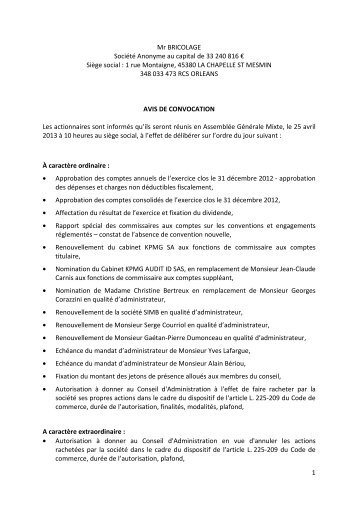 Avis de convocation Ã  l'AssemblÃ©e - Groupe Mr.Bricolage