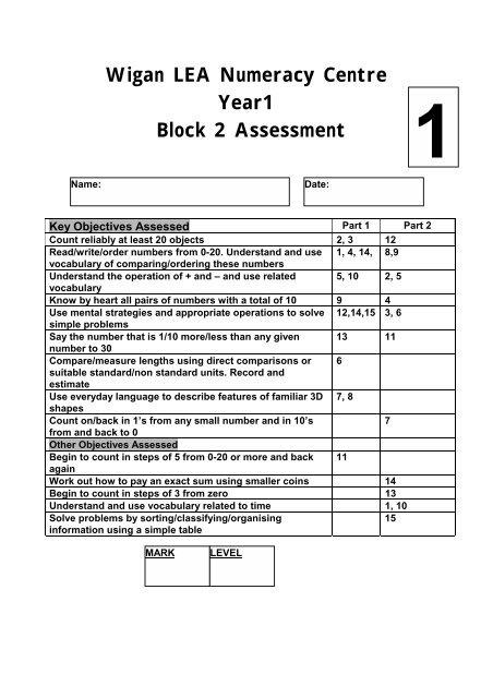 Wigan LEA Numeracy Centre Year1 Block 2 Assessment