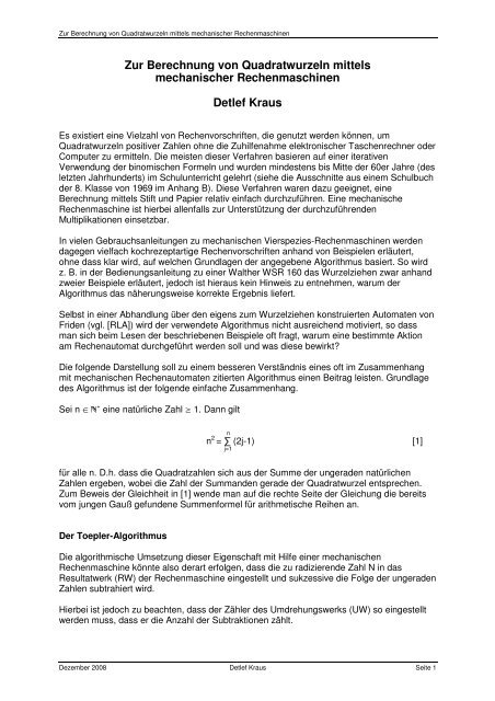 Zur Berechnung von Quadratwurzeln mittels mechanischer Rec-205