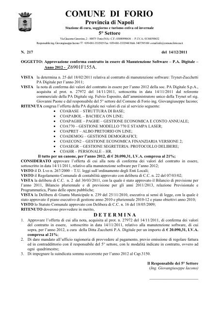 217 Determina approvazione Contratto in ... - Comune di Forio