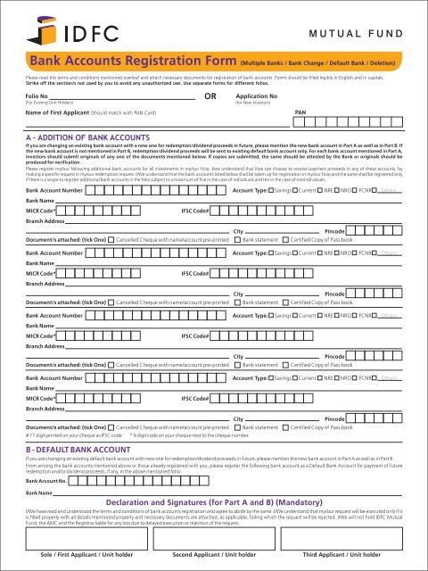 Multiple Bank Accounts Registration Form. - IDFC Mutual Fund