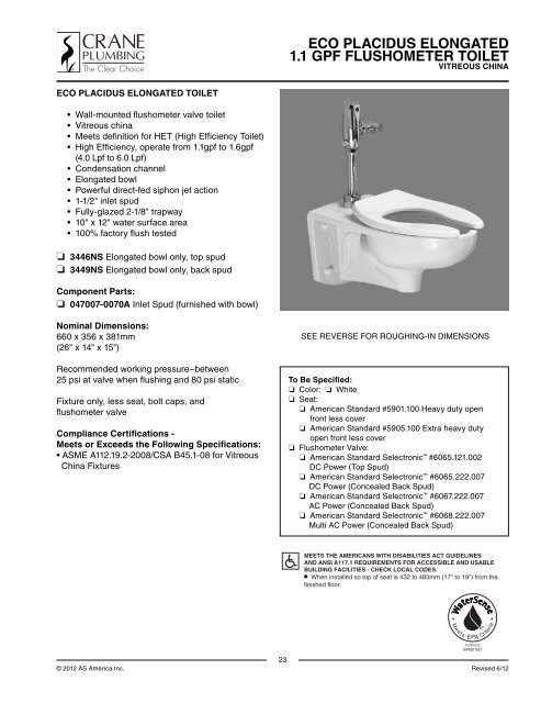 Carrier-Mounted Wall Outlet Siphon Jet Series Toilet, 4-bolt Carrier