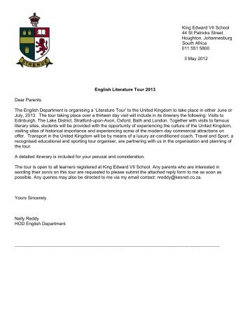 KES English Literature Tour Letter to Parents 2012 doc