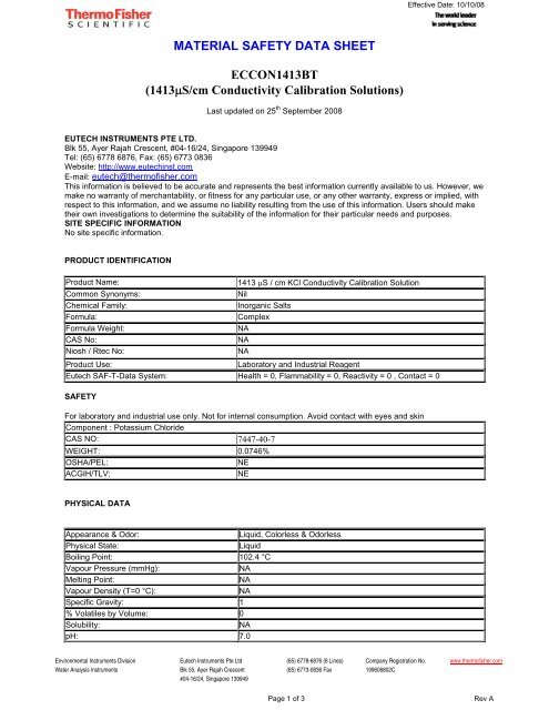 1413Î¼S/cm Conductivity Calibration Solutions