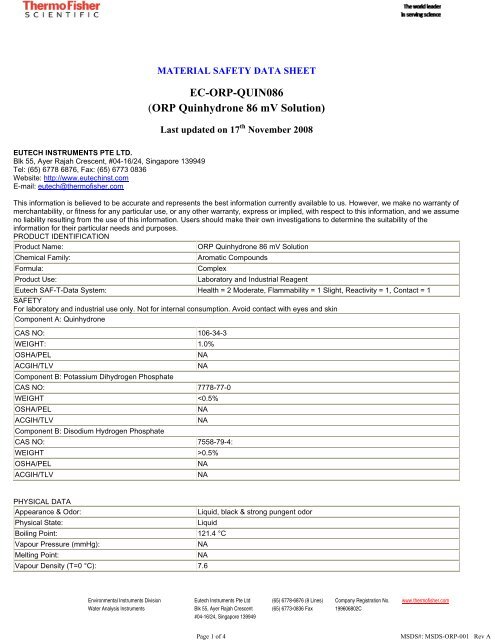 EC-ORP-QUIN086 (ORP Quinhydrone 86 mV Solution) - Eutech