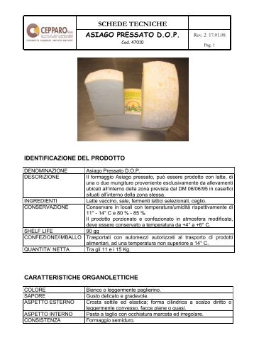 SCHEDE TECNICHE ASIAGO PRESSATO D.O.P. - Siqurcatering.it