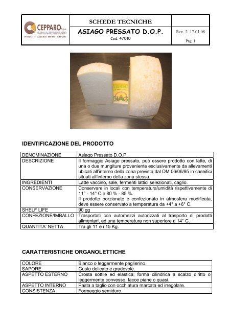 SCHEDE TECNICHE ASIAGO PRESSATO D.O.P. - Siqurcatering.it
