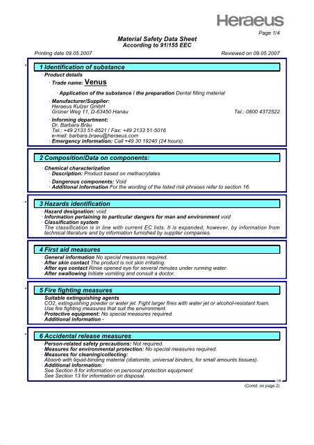 Venus Safety Data Sheet - Heraeus