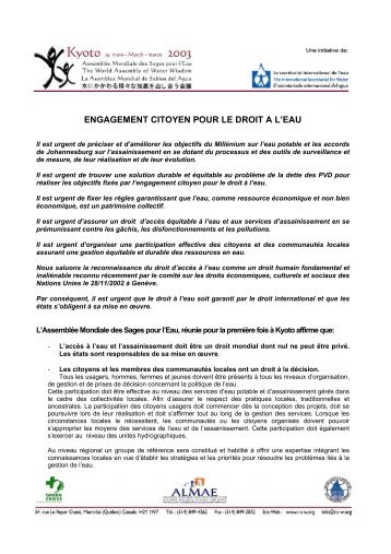 ENGAGEMENT CITOYEN POUR LE DROIT A L'EAU - INBO