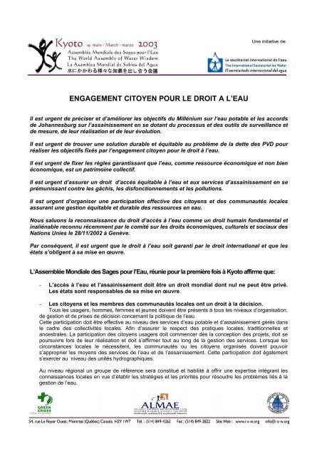 ENGAGEMENT CITOYEN POUR LE DROIT A L'EAU - INBO