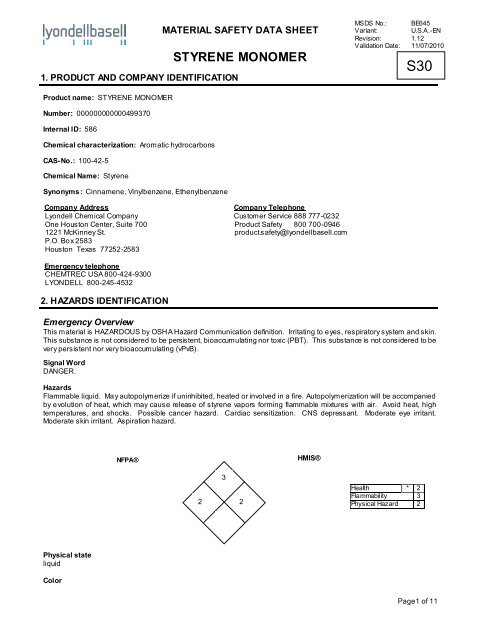 Styrene Monomer Advanced Plastics