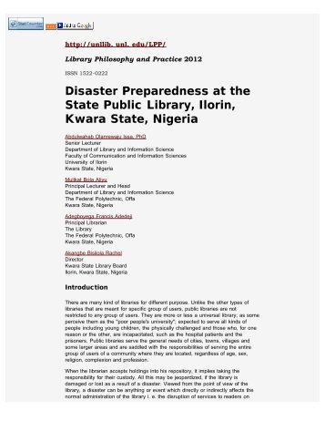 Disaster Preparedness at the State Public Library, Ilorin, Kwara ...